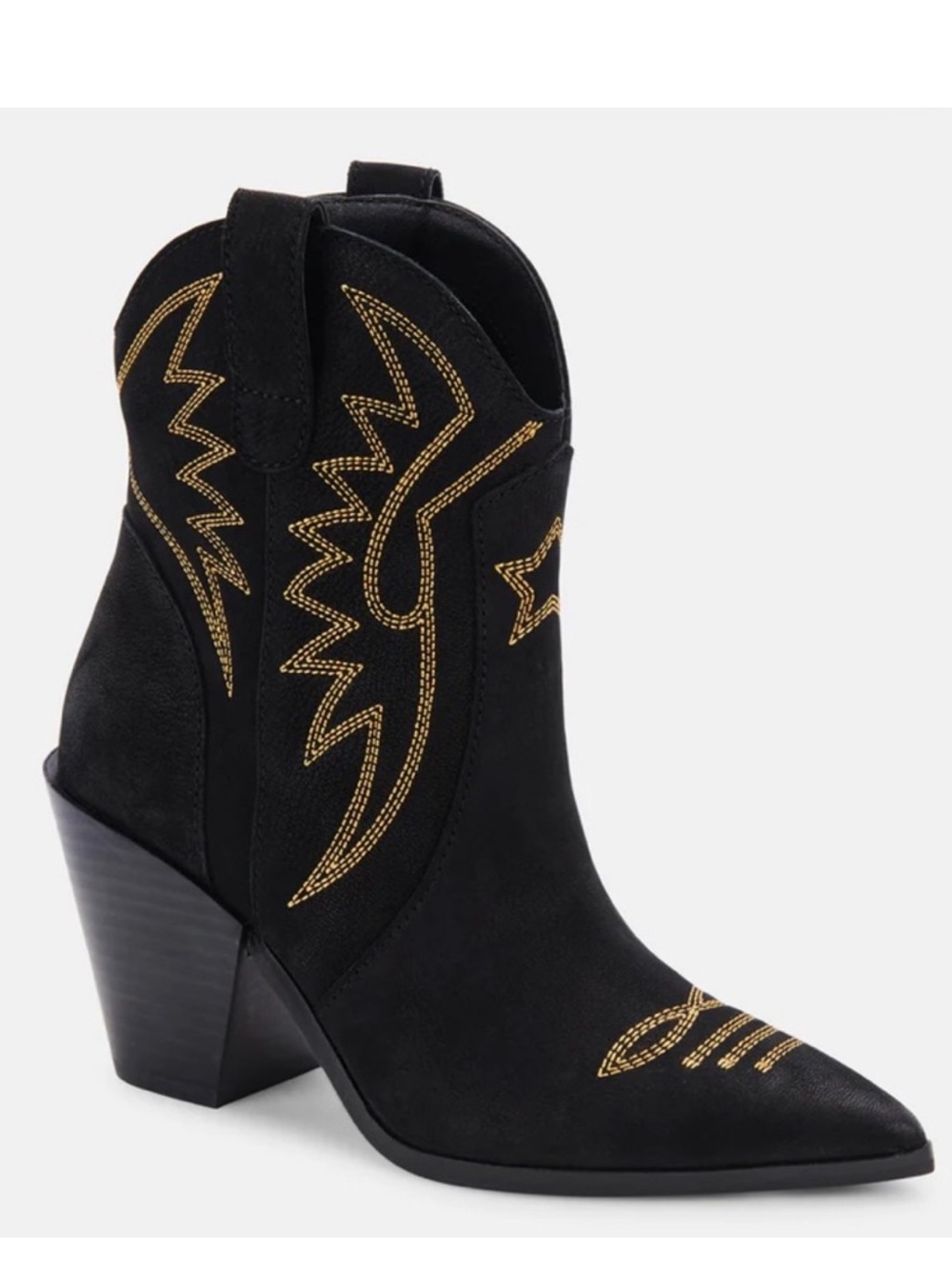 NWOT Dolce Vita Ginni Cowboy Western Boots Black Nubuck With Gold Stitching